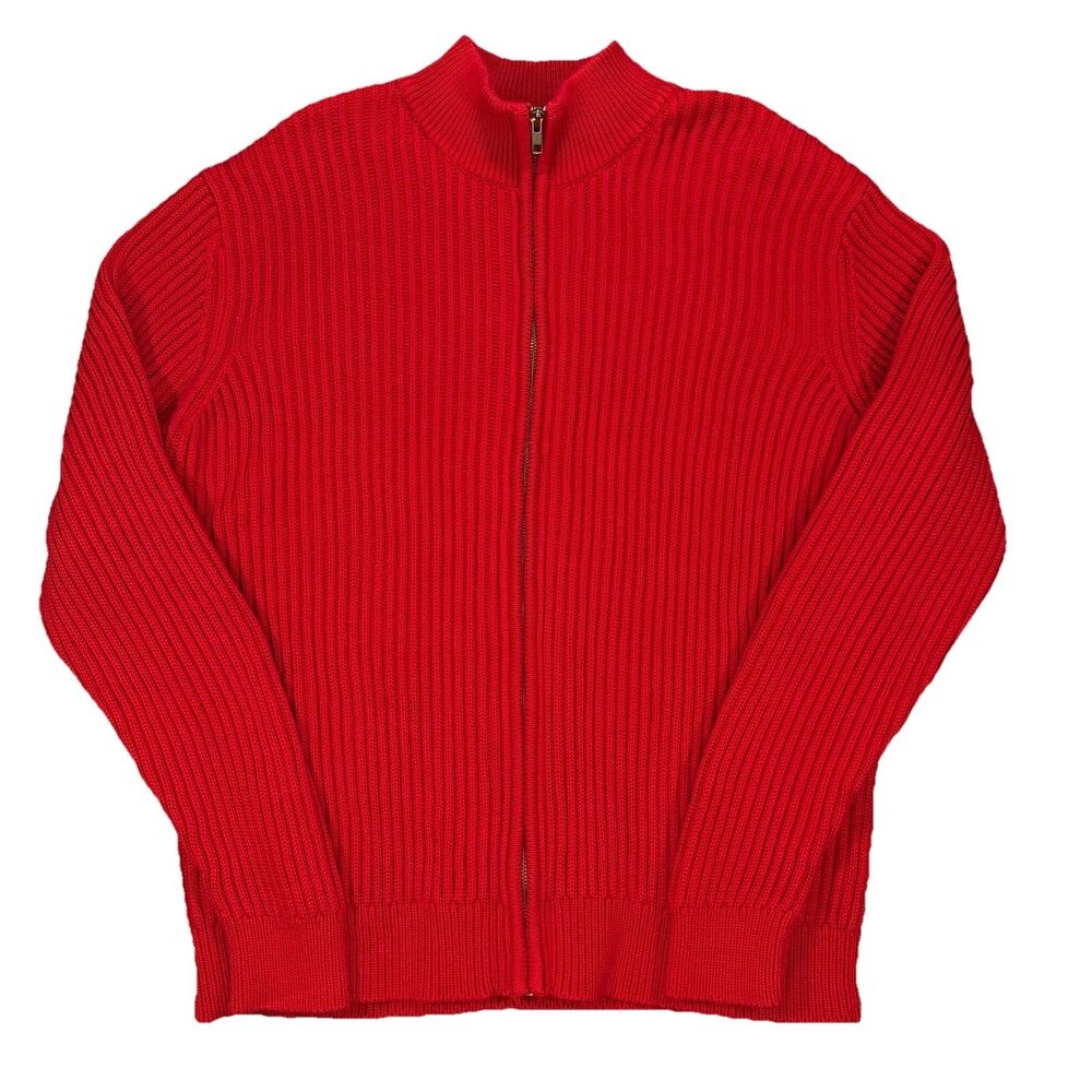 LL Bean Full Zip Knit Sweater Mens XL Red Cotton Ribbed Pockets Classic